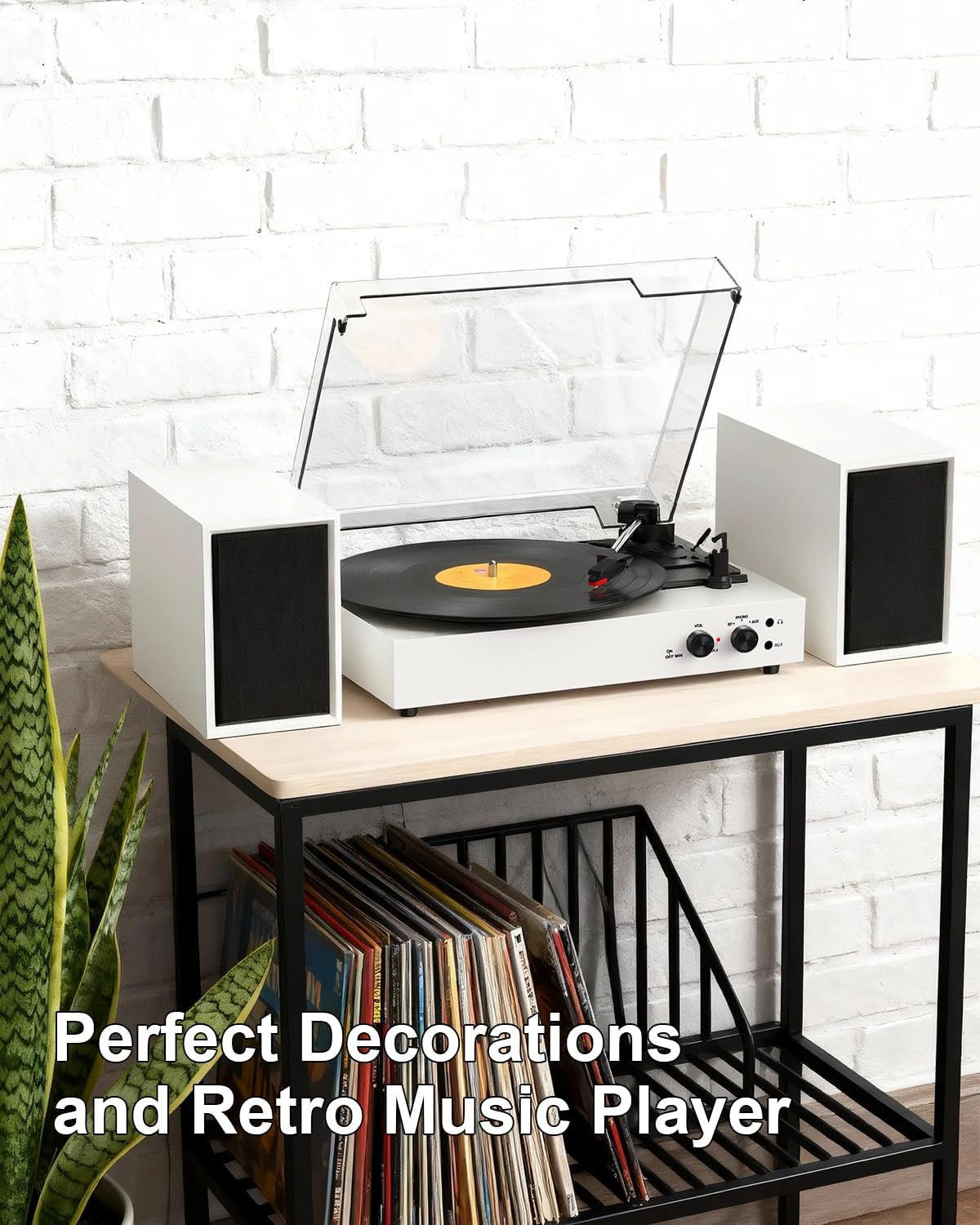 Bluetooth Record Player with External Stereo Speakers, Vintage 3-Speed Turntable | PC Recording Vinyl to MP3 | RCA Headphone Output & AUX Input for External Audio, White