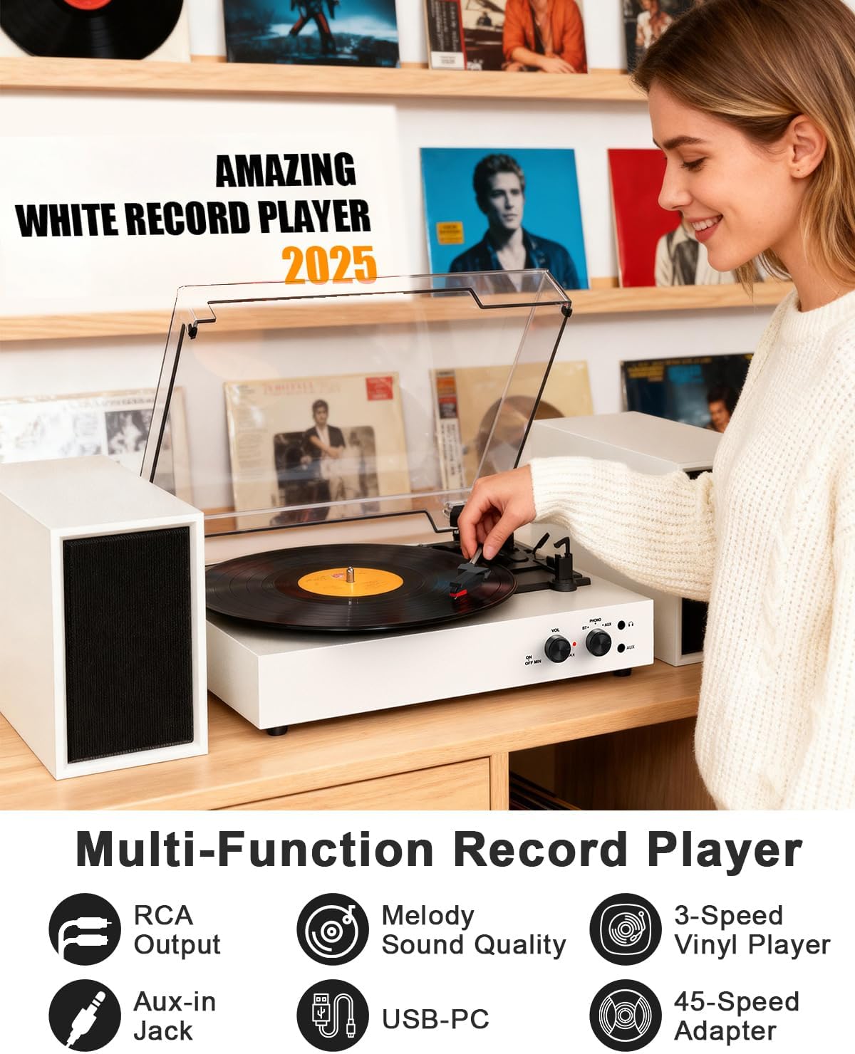 Bluetooth Record Player with External Stereo Speakers, Vintage 3-Speed Turntable | PC Recording Vinyl to MP3 | RCA Headphone Output & AUX Input for External Audio, White