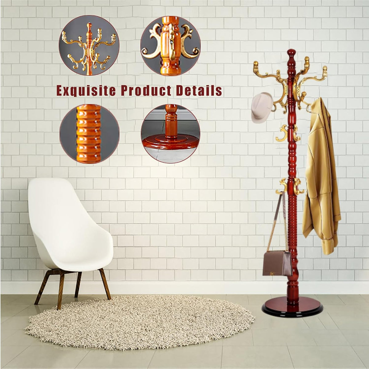 High-Grade Coat Rack Freestanding,Solid Wood Coat Rack Stand With 14 Hooks For Hallway Bedroom Office,Vintage Hall Tree Standing Coat Rack For Clothes Hat purse Bags(43x185cm(17x73inch), White)