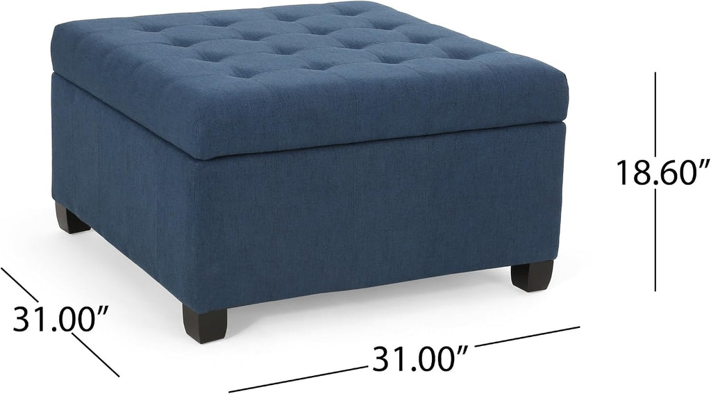 YOPTO 31' Square Storage Ottoman,Linen Footrest with Wooden Legs,Upholstered Button Tufted Coffee Table for Living Room,Navy Blue