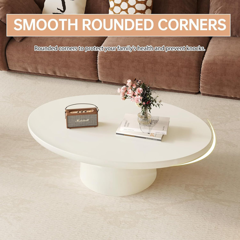 46' Oval Coffee Table, Mid-Century Modern Drum Coffee Table with Sturdy Pedestal & Thick Tabletop, Low Coffee Table for Living Room & Office, Easy Assembly, White