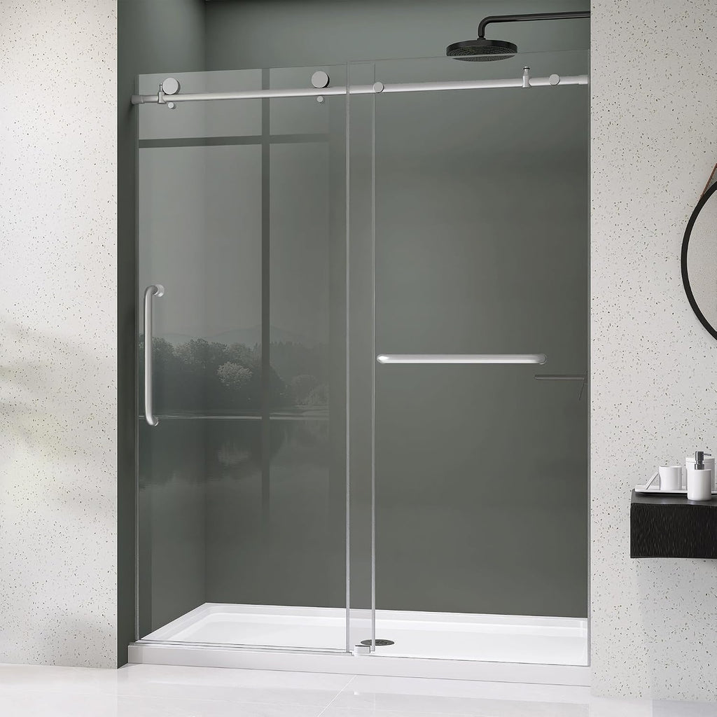 Frameless Shower Door 56-60' W x 75' H Single Sliding Shower Glass Doors for Walk-in Bathroom 1/4' Clear Easy Clean Glass Extra Tall Modern Bathroom Doors in Brushed Nickel