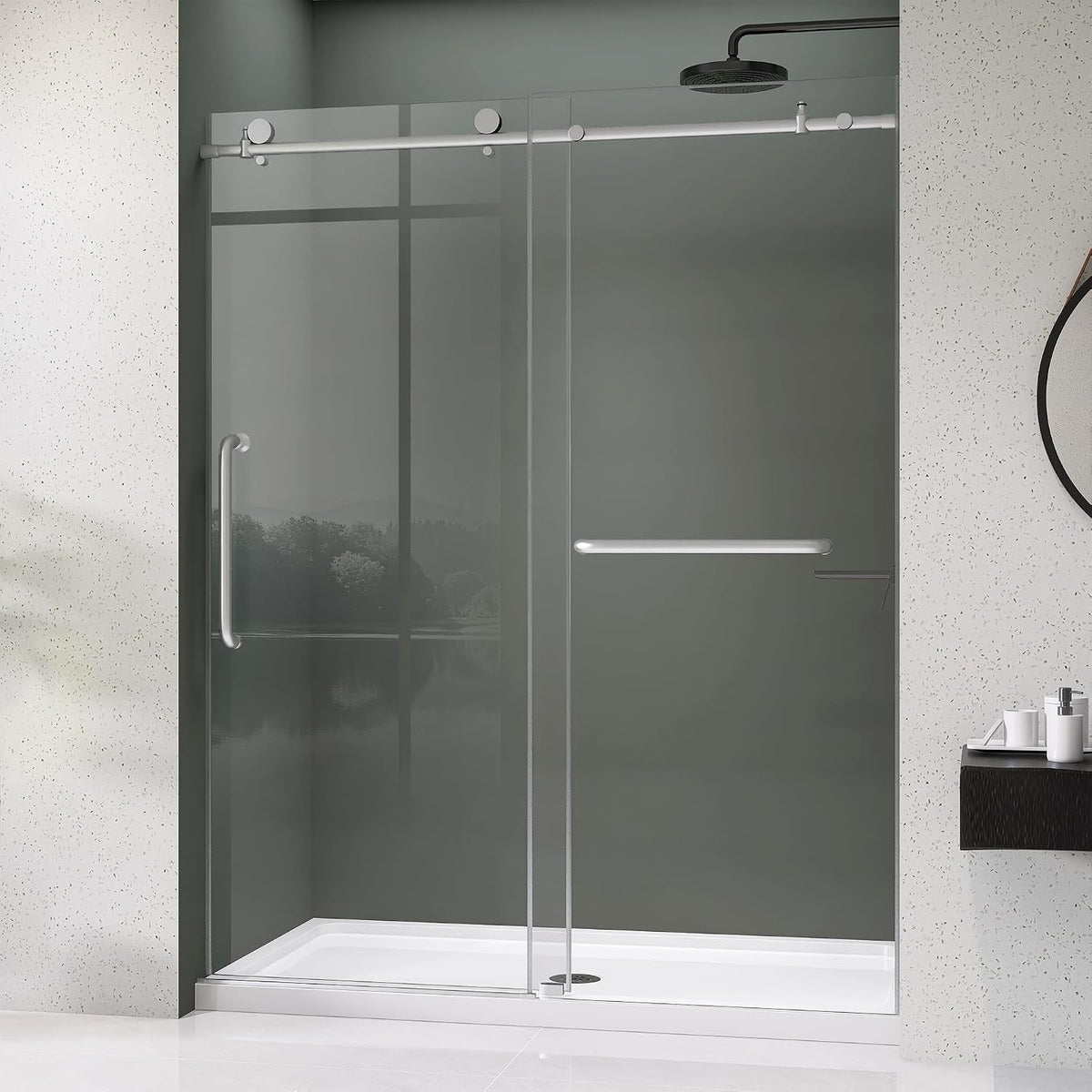 Frameless Shower Door 56-60' W x 75' H Single Sliding Shower Glass Doors for Walk-in Bathroom 1/4' Clear Easy Clean Glass Extra Tall Modern Bathroom Doors in Brushed Nickel