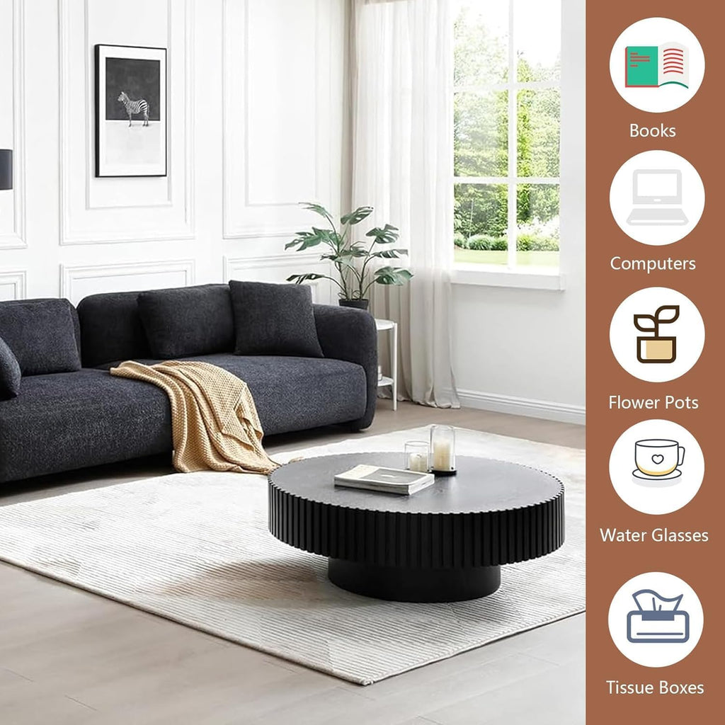 WXFKLDJ Round Drum Coffee Table Black Round Fluted Coffee Table Wood Circle Center Table Pedestal End Table for Apartment Living Room (Black Round)
