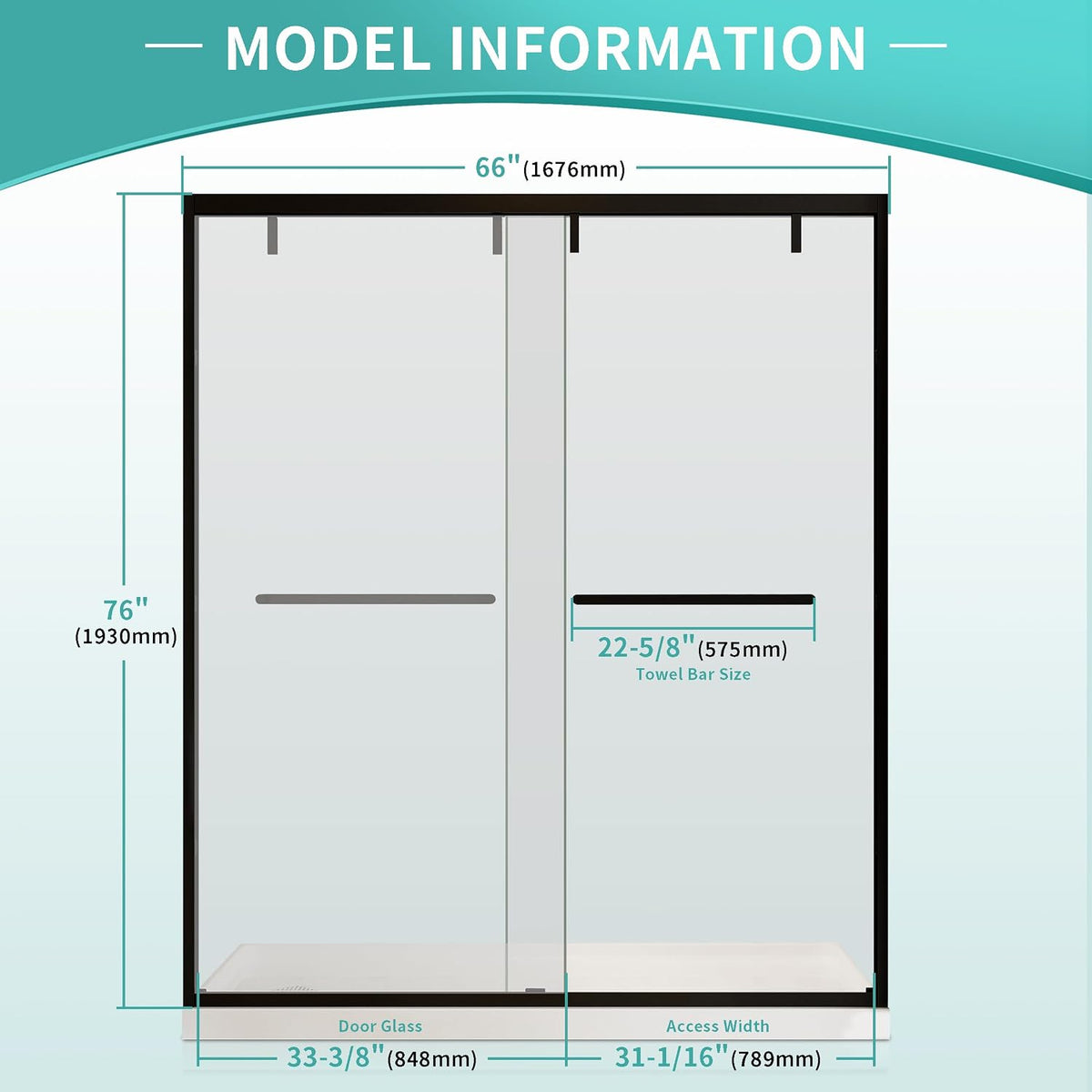 62-66 in. W x 76 in. H Semi-Frameless Double Sliding Shower Door, 2 Bypass Glass Shower Door, with 5/16' (8mm) SGCC Tempered Glass, Matte Black