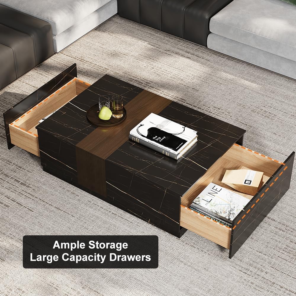 homary Marble & Walnut Coffee Table – Modern Block Design Living Room Center Table with 2 Storage Drawers, White Marble Veneer & Walnut Wood Veneer, Sturdy Base & Smooth Quiet Rails (Black)