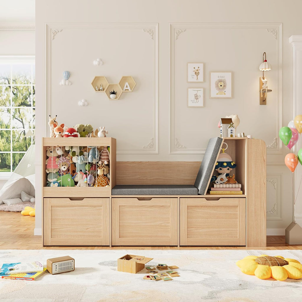 66.9' Kids Reading Nook, Toy Storage Organizer with Stuffed Animal Storage, Bench and Removable Cushions, Wooden Toddler Bookshelf with 3 Movable Drawers for Nursery, Playroom (Oak)