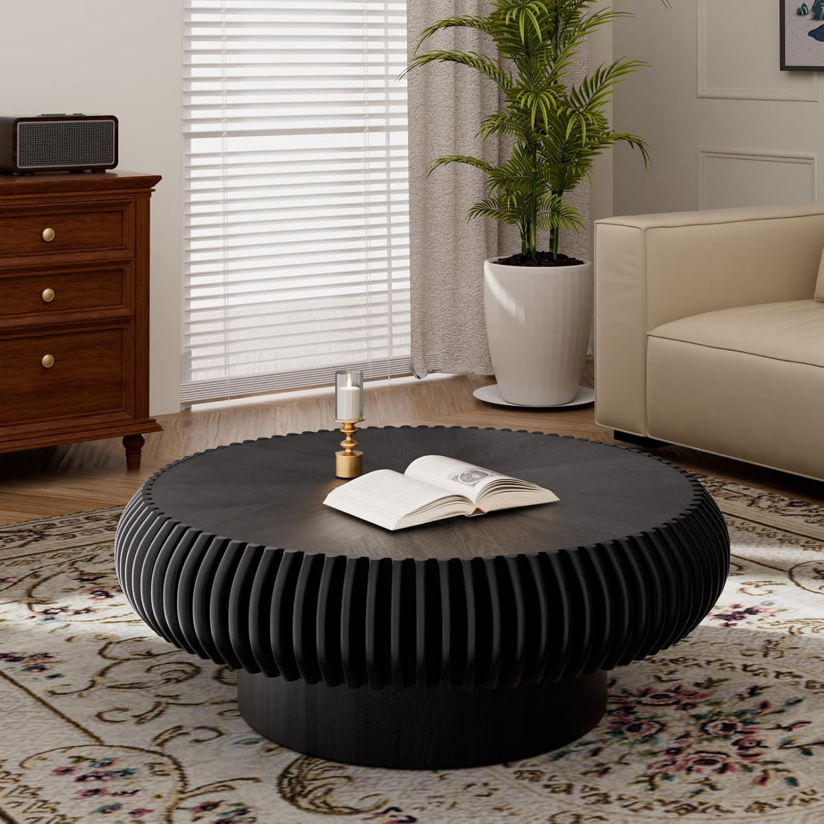 Round Handcraft Fluted Coffee Table with Sturdy Stable Pedestal Modern Luxury Drum Center Table Circle Accent Base Center Tables for Living Room Apartment (N)