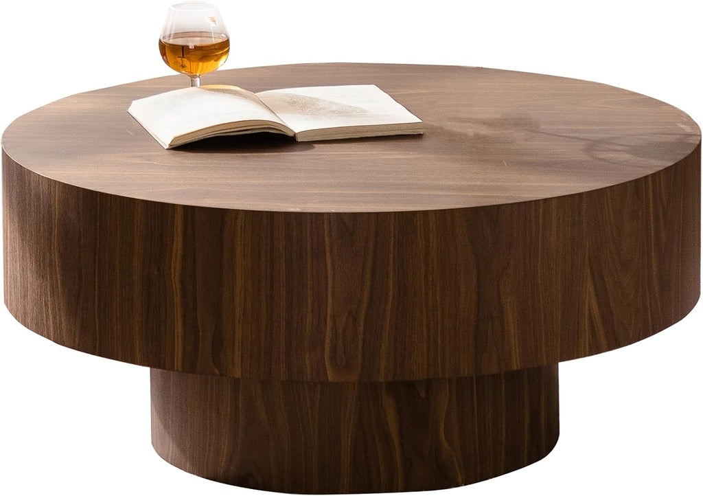 KEVINSPACE Round Wood Coffee Table, Fluted CoffeeTable Handcraft Drum TeaTable CenterTable for Living Room, Modern Wooden CocktailTable for Small Space, Easy Assembly 30.51' Walnut