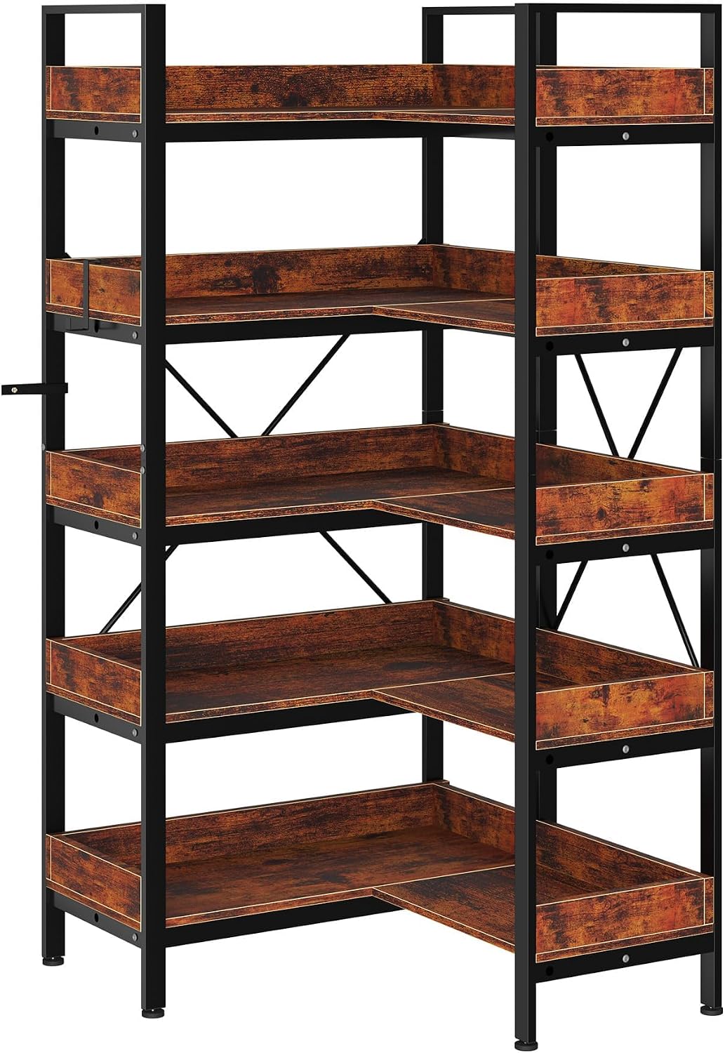 5 Tier Bookshelf, L-Shaped Reversible Corner Bookshelf with 4 Hooks, 65' Industrial Wooden Bookcase with Open Shelves and Metal Frame, Plant Stand and Storage Rack with Adjustable Feet for Living Room
