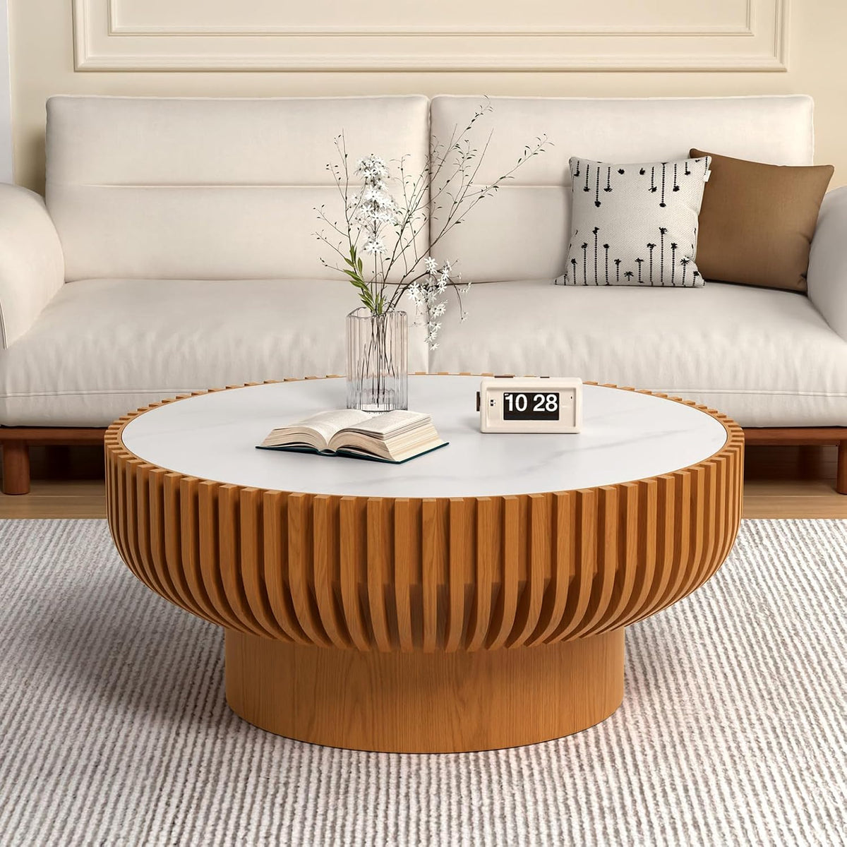 Round Handcraft Fluted Coffee Table with Sturdy Stable Pedestal Modern Luxury Drum Center Table Circle Accent Base Center Tables for Living Room Apartment (R)