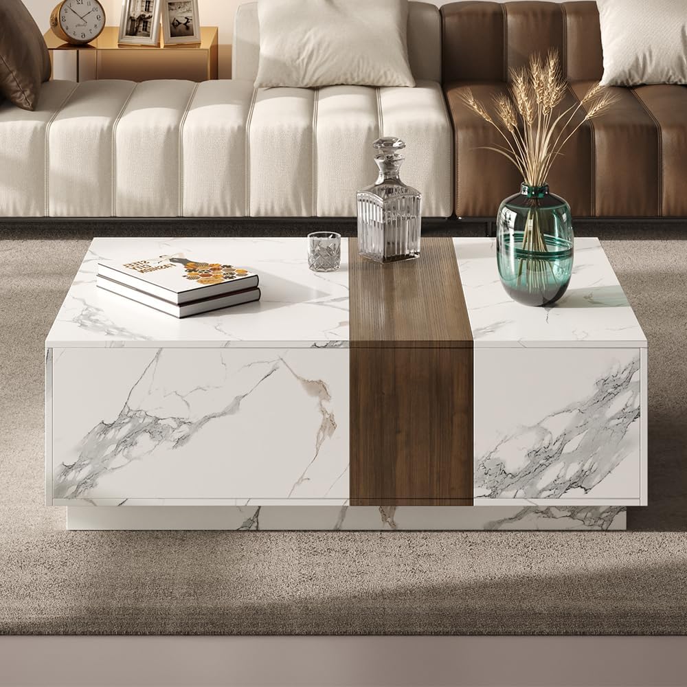homary Marble & Walnut Coffee Table – Modern Block Design Living Room Center Table with 2 Storage Drawers, White Marble Veneer & Walnut Wood Veneer, Sturdy Base & Smooth Quiet Rails (White)