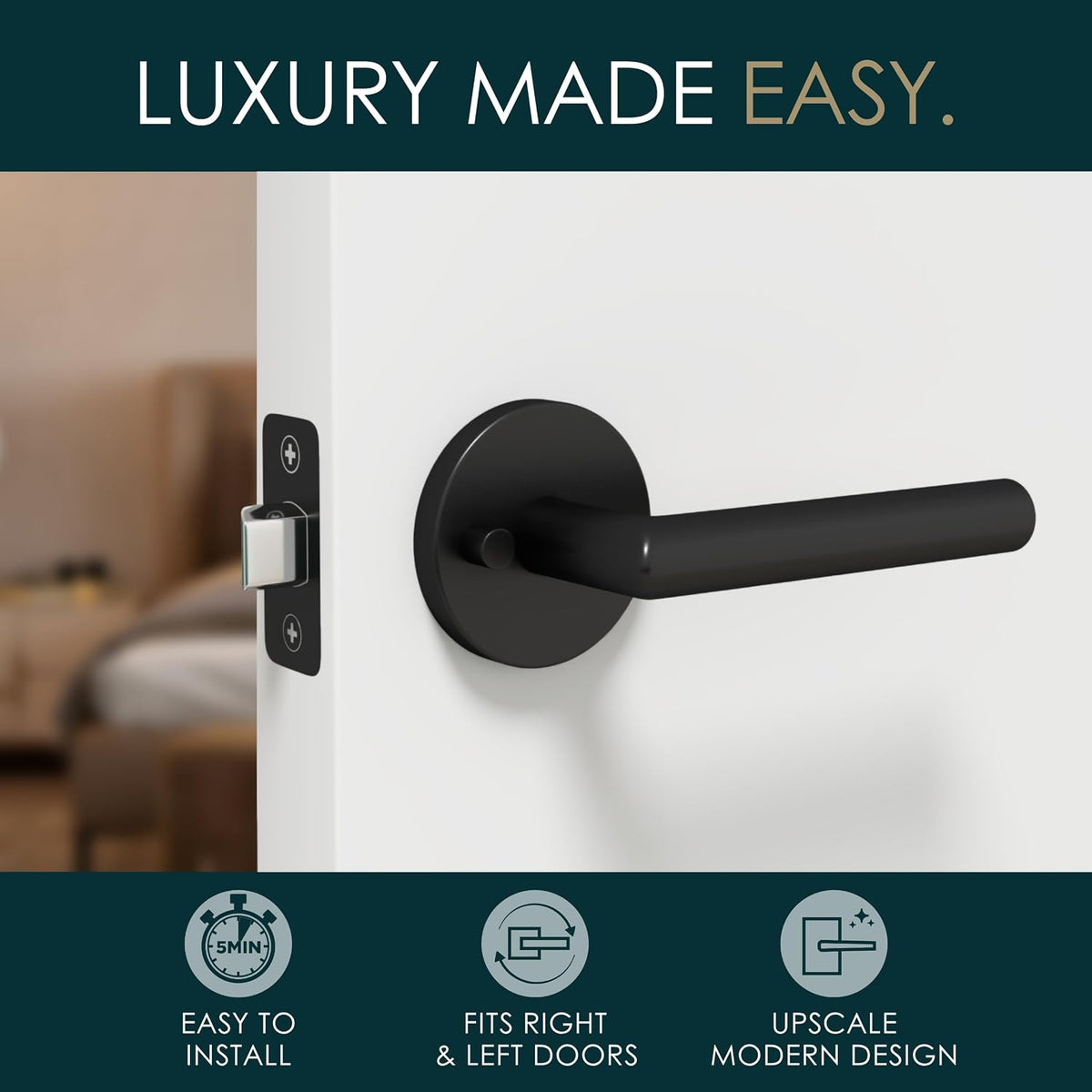 Mega Handles Ronn Privacy Door Handle - 3 Pack Reversible Interior Black Door Handle, Heavy Duty Bed & Bath Door Handles with Privacy Door Lock, Fits All Standard Doors - Matte Black