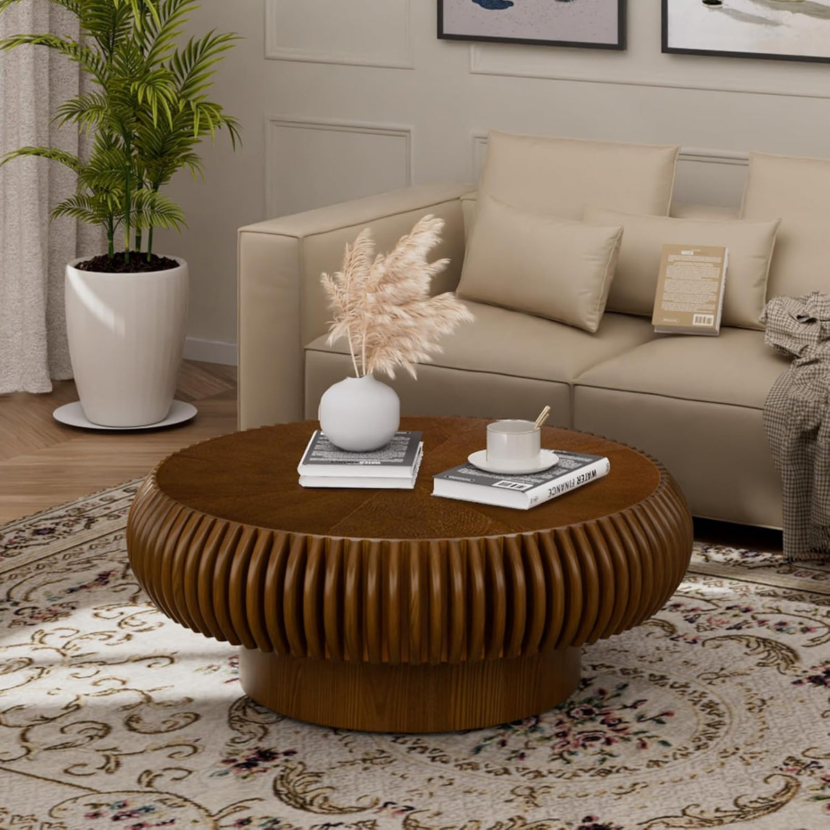 Round Handcraft Fluted Coffee Table with Sturdy Stable Pedestal Modern Luxury Drum Center Table Circle Accent Base Center Tables for Living Room Apartment (O)