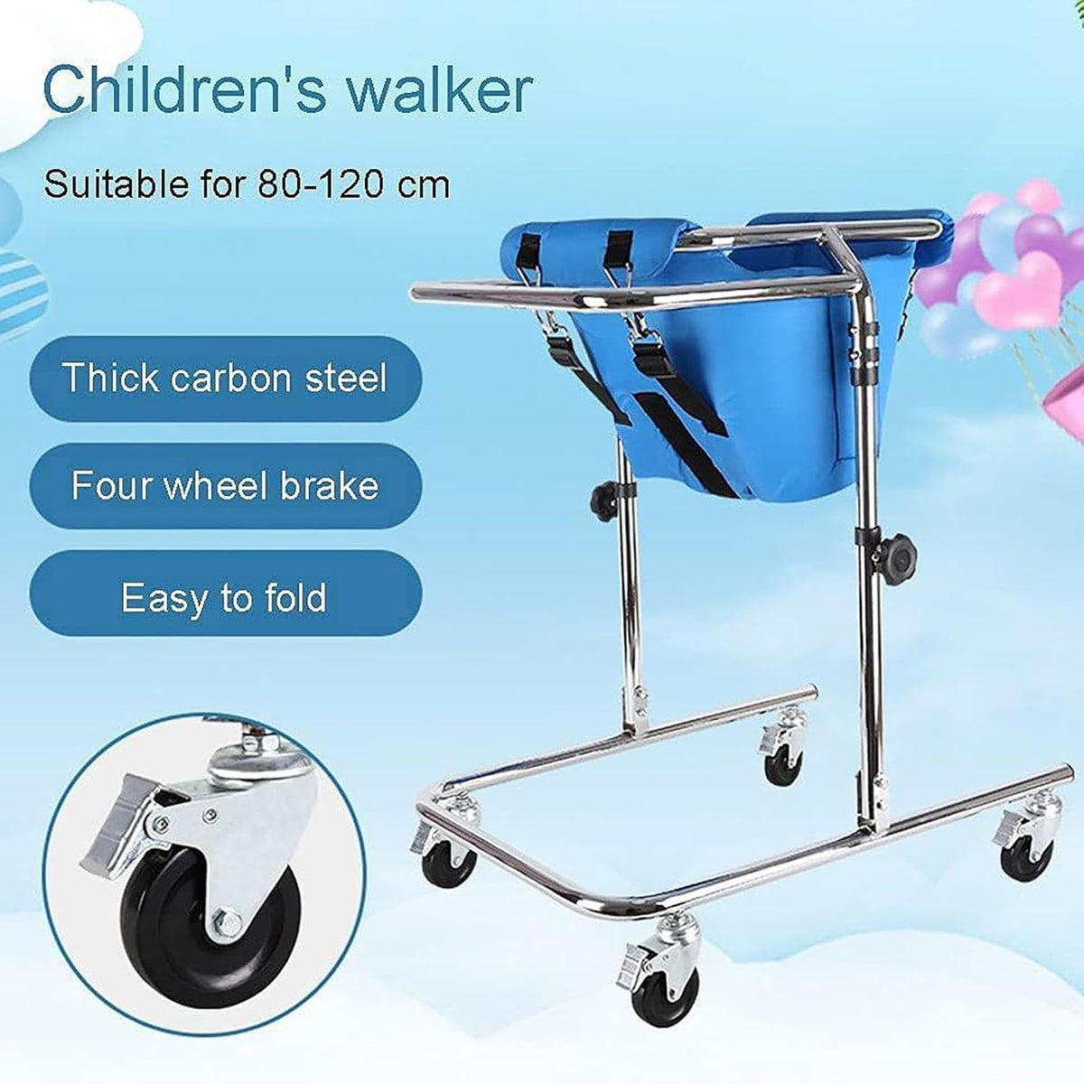 Walking Aid with Seat Wheel, Adjustable Height Walker, for Kids Cerebral Palsy Disability Rehabilitation Auxiliary Walking Frame(Blue)