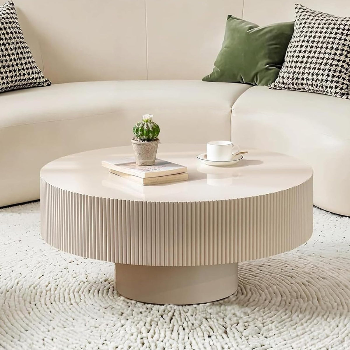 Round Drum Fluted Coffee Table for Living Room Modern Circle Coffee Table with Pedestal Center Tables Fluted Accent Tea Tables for Apartment Living Room (DS)