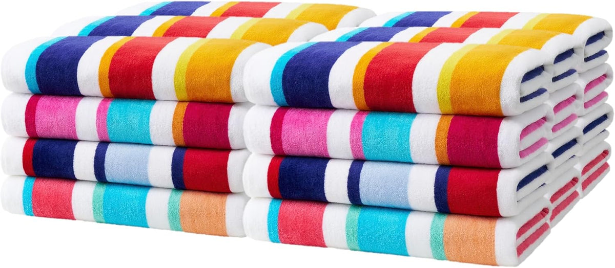 Kaufman - Joey Velour Colored Classic Multi-Color Stripe Beach & Pool Towel - Large 100% Combed Cotton Beach Towel - Soft & Absorbent Colorful Towels - 32' x 62' - 24 Pack