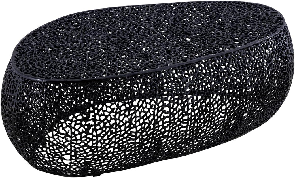 Oval Coffee Table with Iron Hollow Design in Black & Silver & Gold,Drum Tea Cocktail Table for Living Room No Assemble