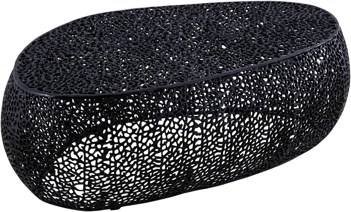 Oval Coffee Table with Iron Hollow Design in Black & Silver & Gold,Drum Tea Cocktail Table for Living Room No Assemble