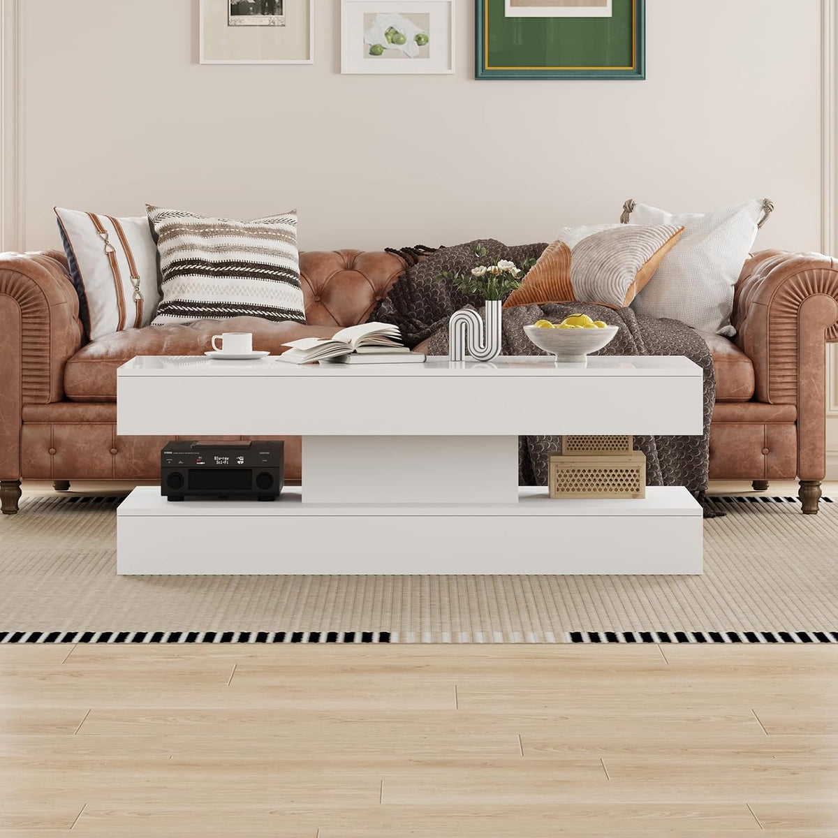 47.2 Inch Coffee Table with LED Lights, Modern High-Gloss Open Shelf Design, 2-Tier Floating Center Table with Illumination, Large LED Coffee Table for Living Room (Pur White)