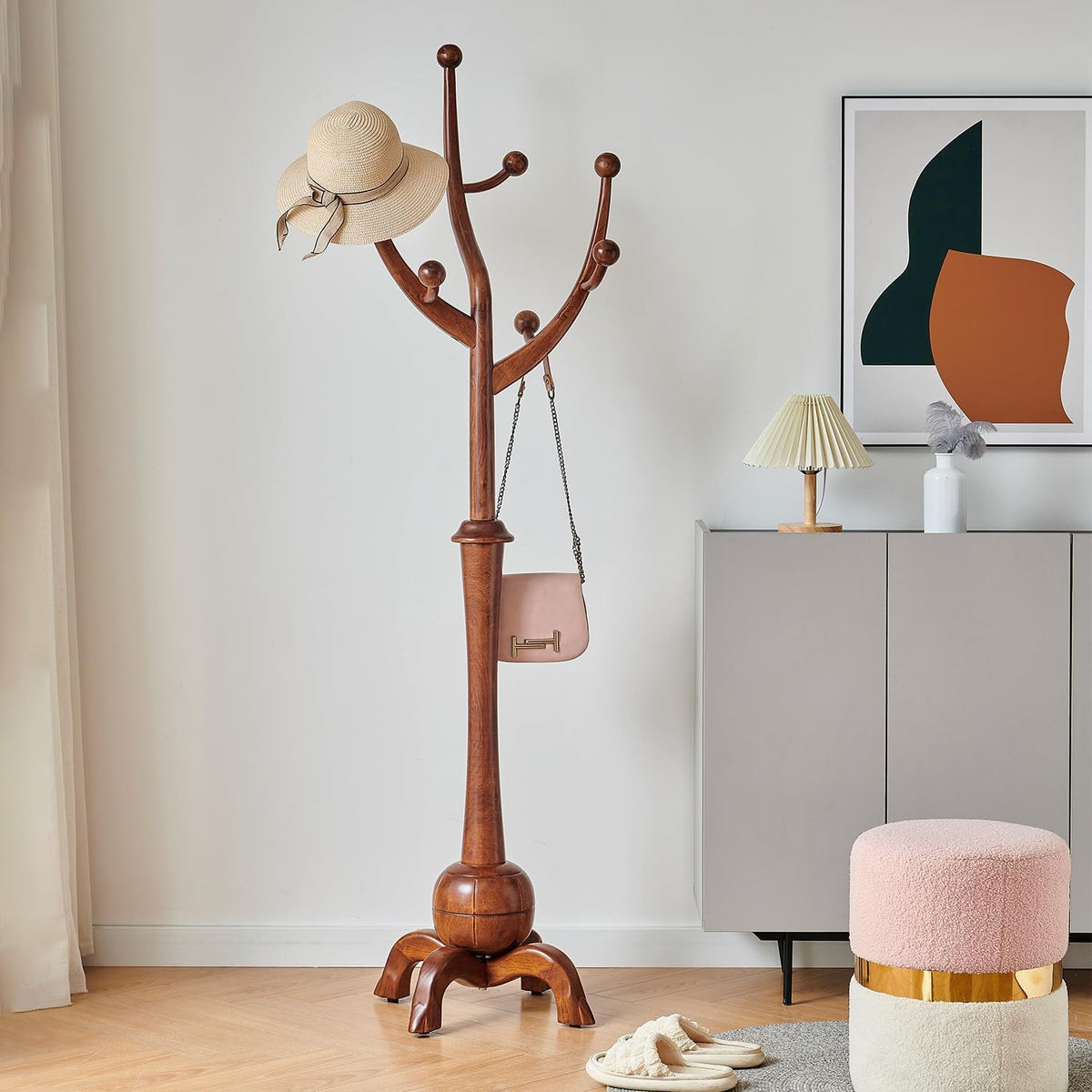 Wood Freestanding Coat Rack with 8 Hooks Wooden Hat Coat Tree Standing Clothes Hanger with Sturdy Sphere Base and Tree Branch Hooks 160lb Load Capacity for Entryway Hallway Bedroom, Walnut