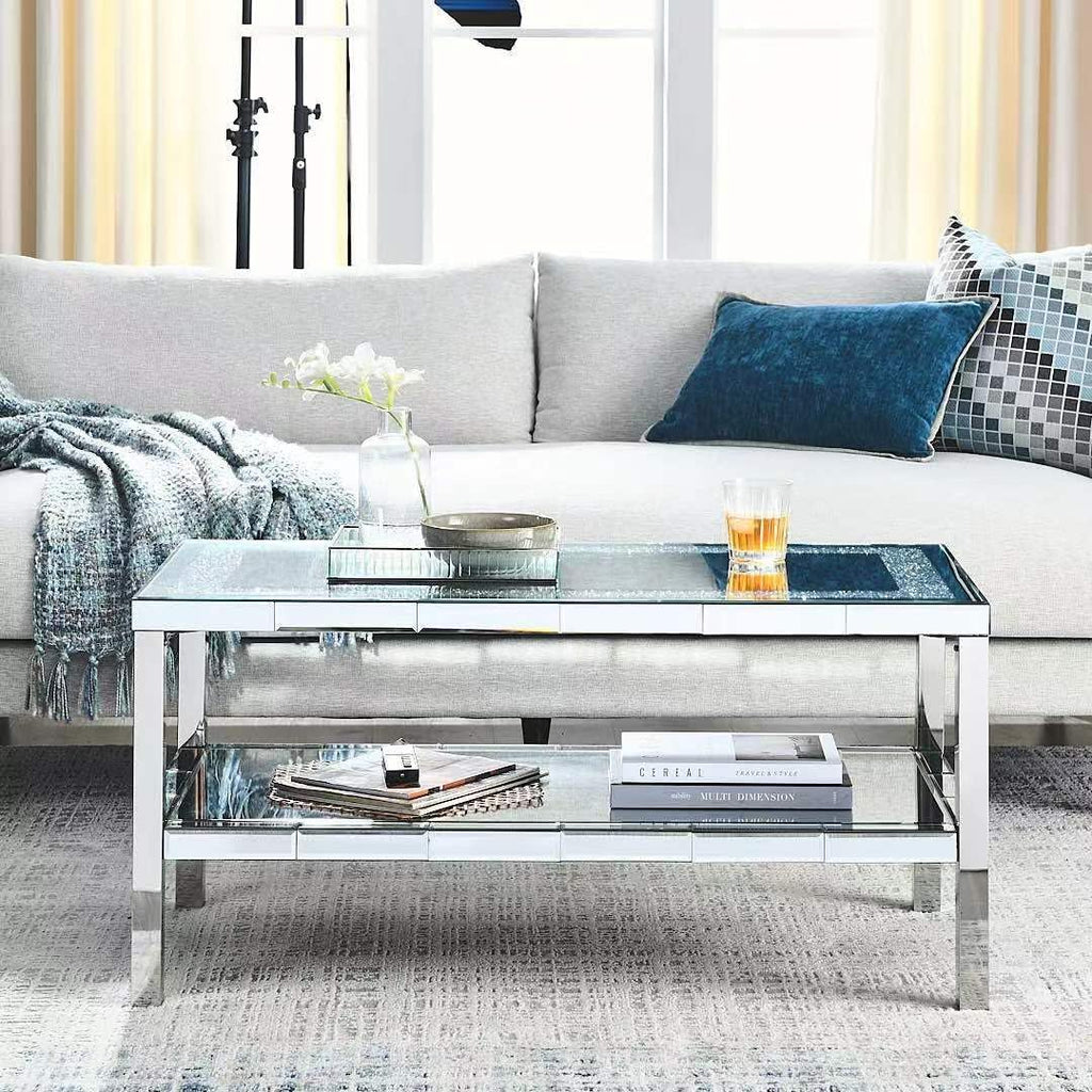 Modern Mirrored Coffee Table for Living Room Luxury Cocktail Center Table with Silver Mirror Finish Rectangular Coffee Table with Shining Crystal Inlay