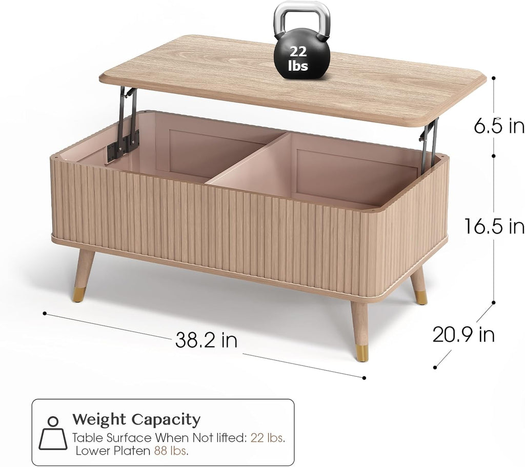 Jiansu furni Lift Top Coffee Table with Storage,Multi-Function Coffee Table with Hidden Compartment & Solid Wood Legs,Mid Century Modern Center Table for Living Room,Oak
