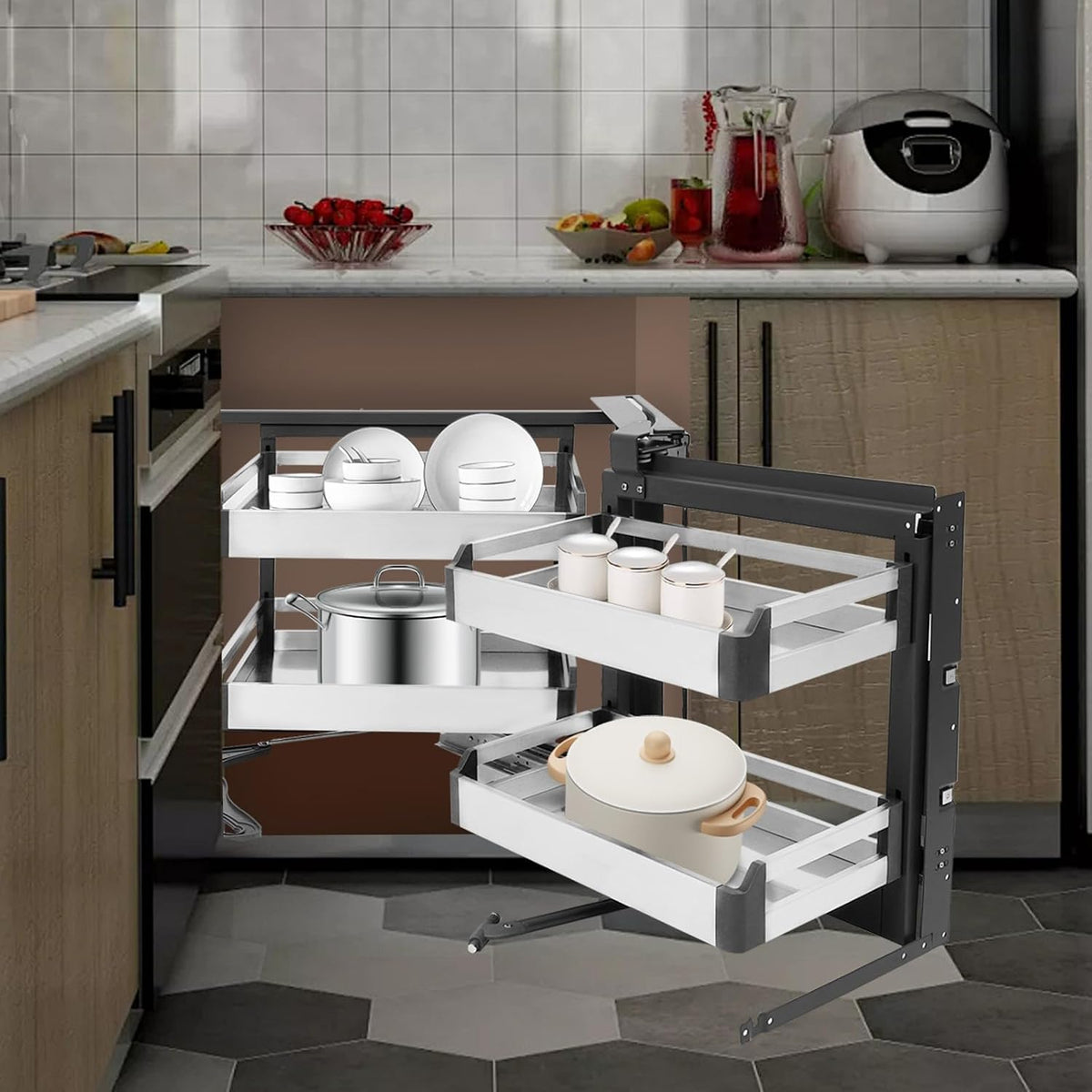 Blind Corner Cabinet Pull Out Organizer 2 Tier with 4 Detachable Shelves Magic Pull Out Deep Corner Cabinet Organizer Narrow Blind Cabinet Pull Out (Stainless Steel, Right Open)