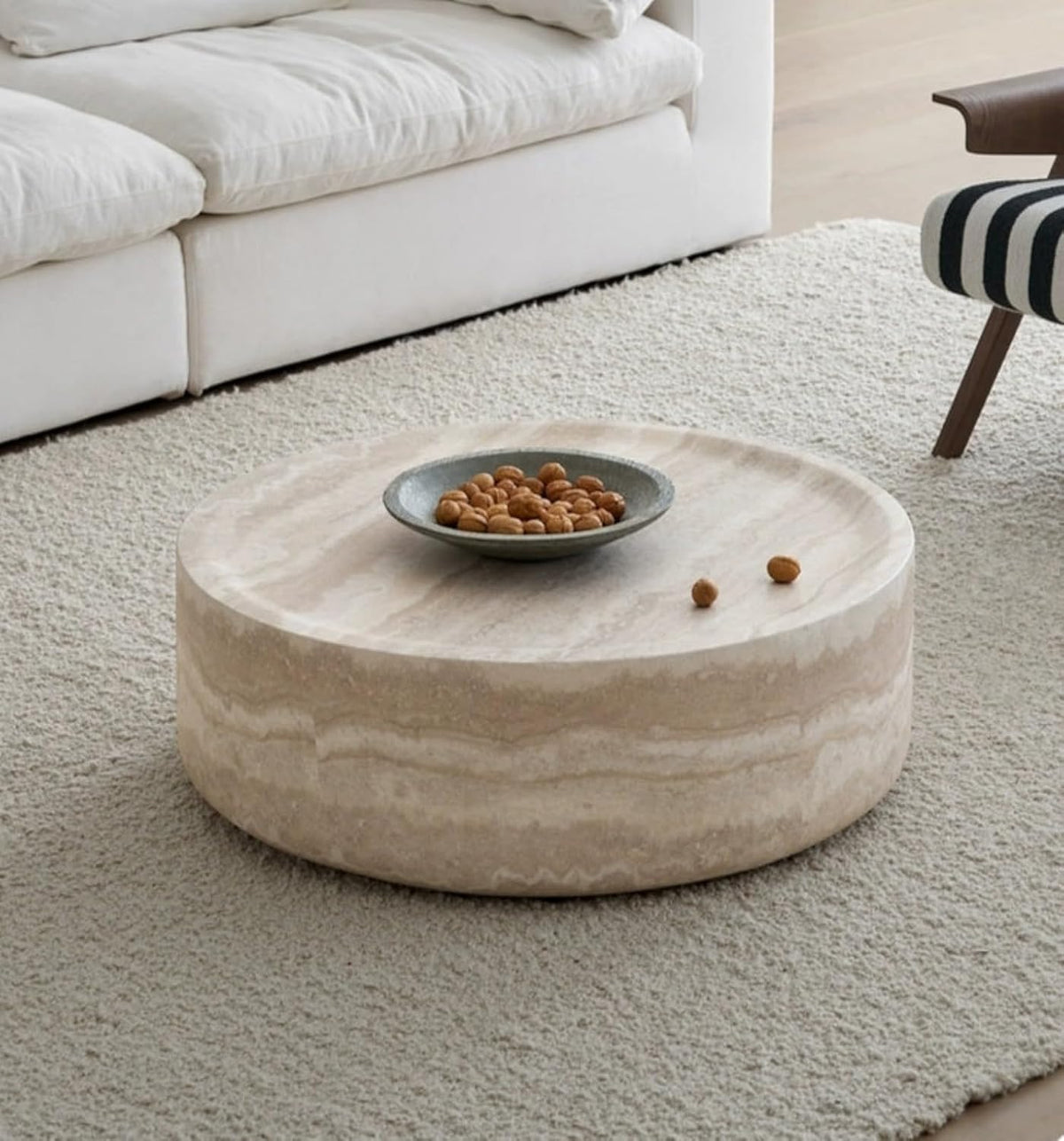 35.43' Faux Mars Pattern Round Coffee Table, Faux Travertine Textured Fiberglass Coffee Table for Living Room, No Assembly Required