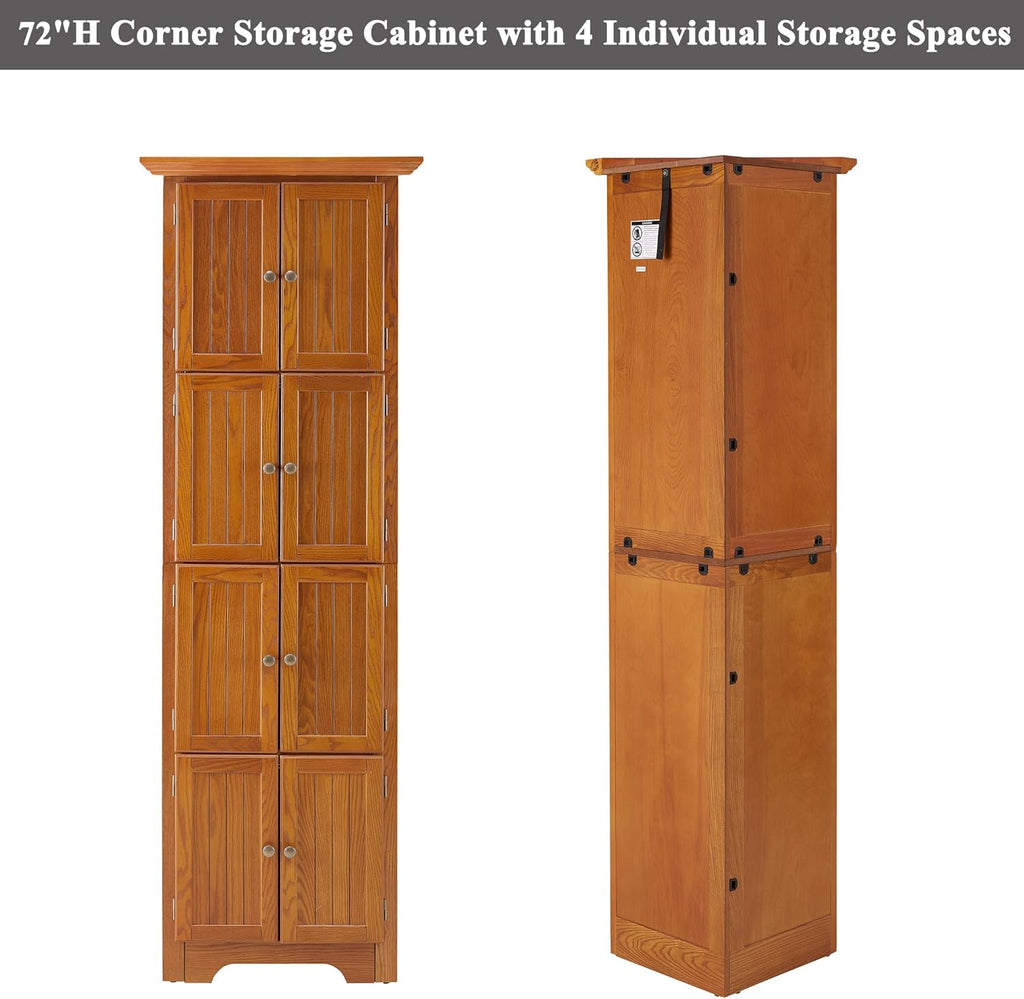 72' H Farmhouse Corner Storage Cabinet with 4 Shelves & 8 Doors, 4 Tier Kitchen Corner Pantry Cabinet Wooden Organizer Case Bookshelf, Home Space Saver Cabinet for Living Room,Kitchen