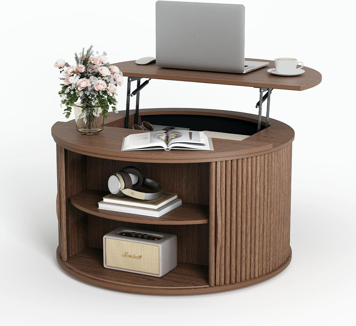 SULIVES Round Coffee Table with Lifting Top, Multifunctional Lift Top Drum Coffee Table with Sliding Door, Small Fluted Center Table for Living Room, Walnut