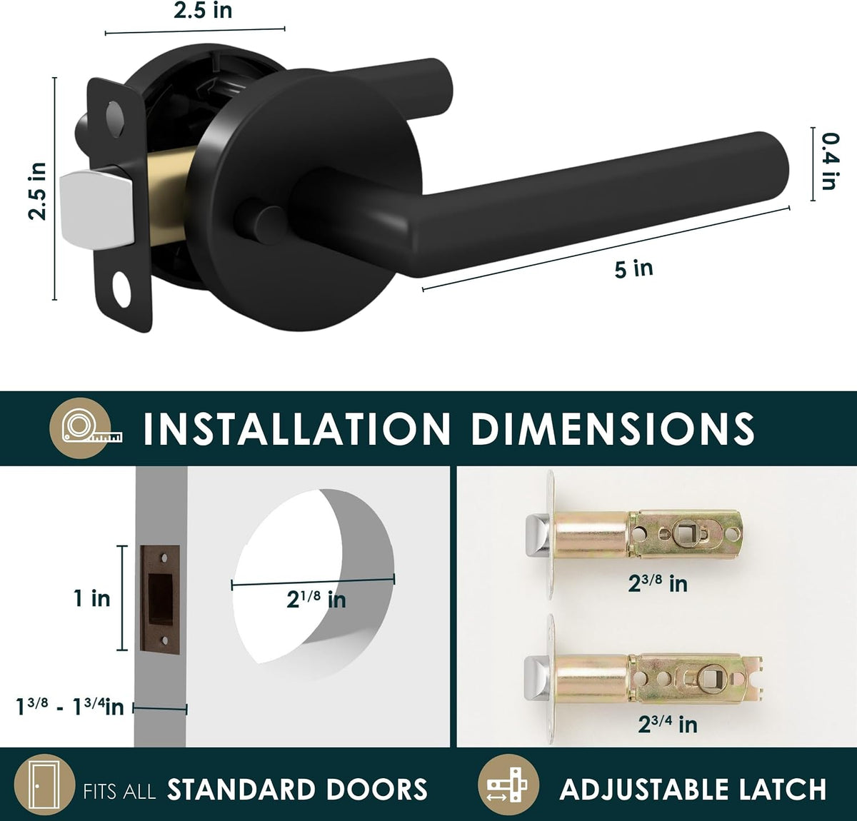 Mega Handles Ronn Privacy Door Handle - 3 Pack Reversible Interior Black Door Handle, Heavy Duty Bed & Bath Door Handles with Privacy Door Lock, Fits All Standard Doors - Matte Black