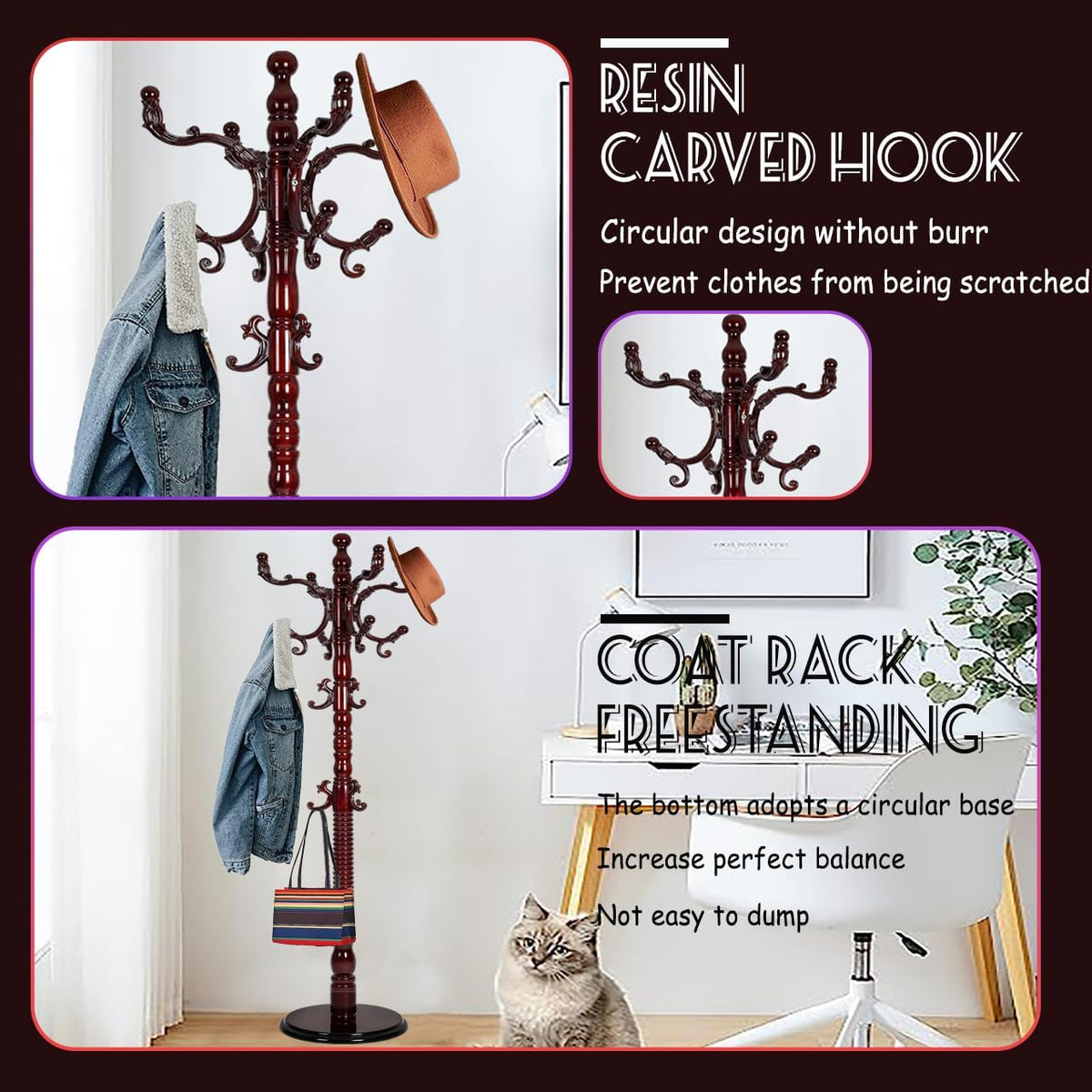 73 in Wood Coat Rack, Coat Rack Freestanding with Stable Round Base, Adjustable Height Tree Coat Racks Stand for Home Bedroom Office Hallway Entryway (Redwood)