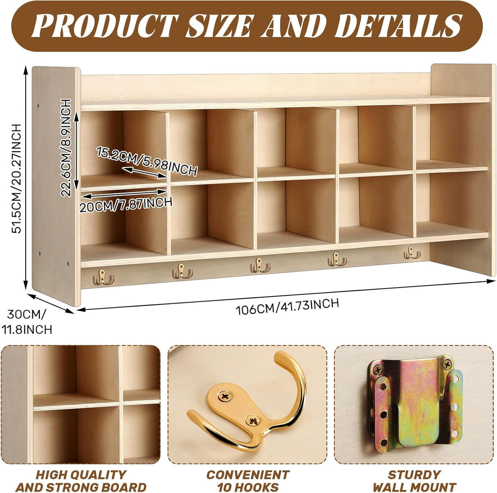 Colingmill Wall Cubbies 10 Section Hanging Cubby Storage Organizer with Coat Hooks Wooden Daycare Storage for Classroom School Kindergarten Kids Toys
