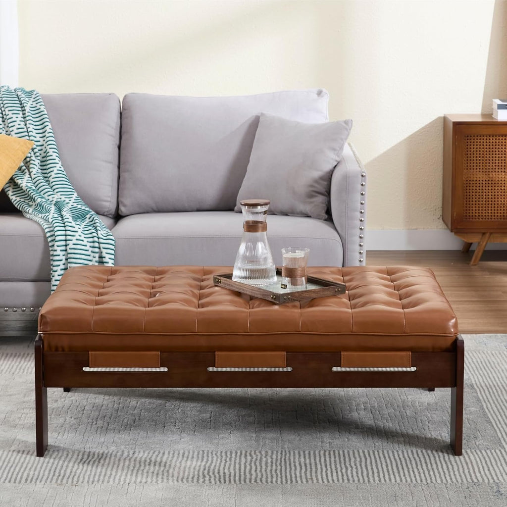 chairus 47.75' Large Rectangle Ottoman Coffee Table, Tufted Faux Leather Upholstered Living Room Coffee Table with Solid Wood Frame, Oversized Mid-Century Modern Footrest Ottoman, Brown PU
