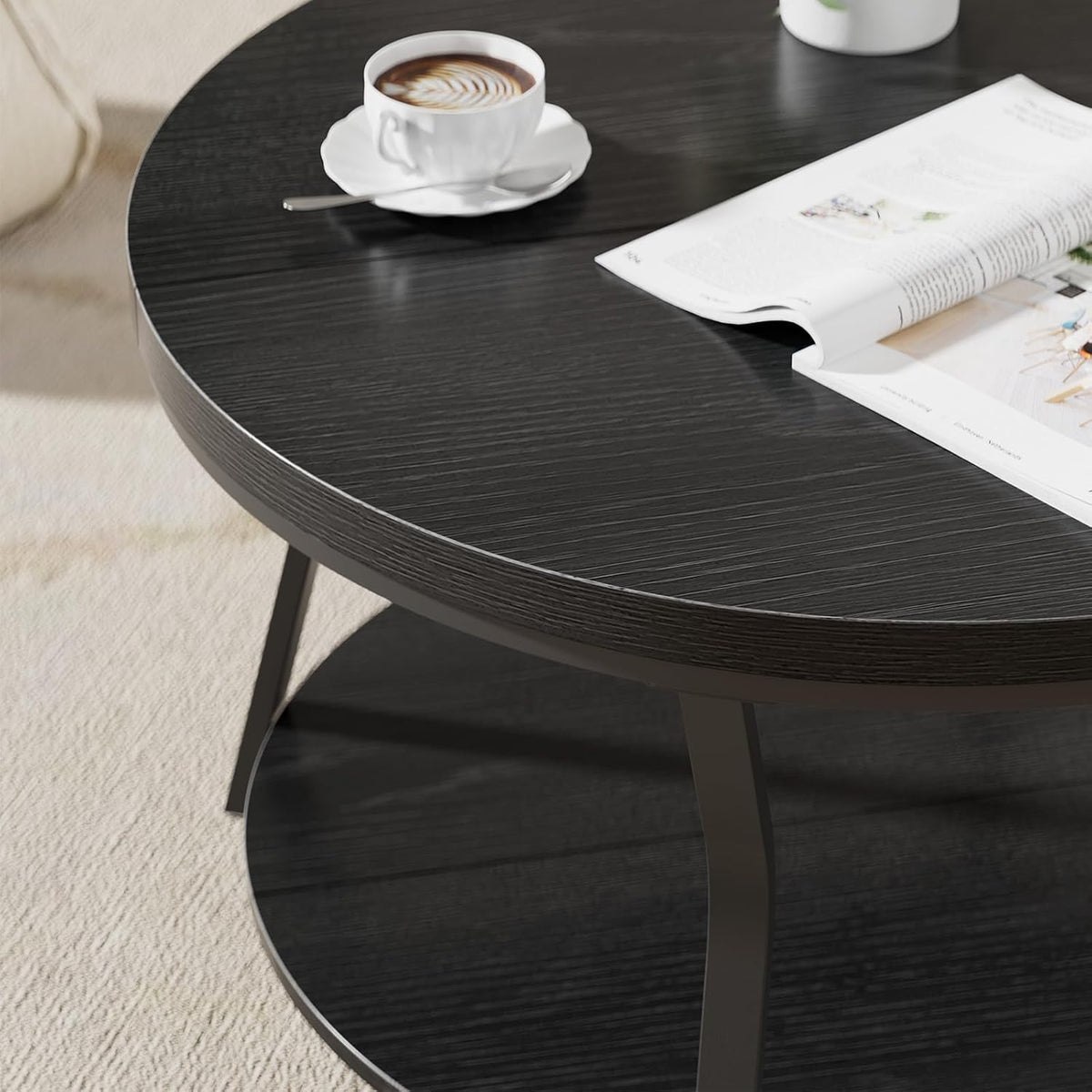 Round Coffee Table, Circle Wood Coffee Tables for Living Room, 2 Tier Industrial Modern Center Table with Thickened Tabletop and Metal Frame, 31.5 inch (Black)