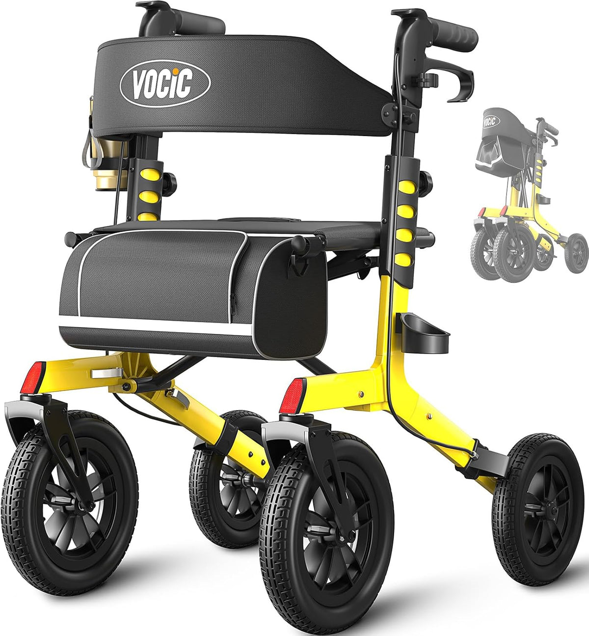 VOCIC Walker with Seat for Seniors, Z57 Outdoor Rollator Walker with 12' All Terrain Big Wheels, 7-Level Adjustable Height Rolling Walker with Safety Brakes, Storage Bag, Cup Holder