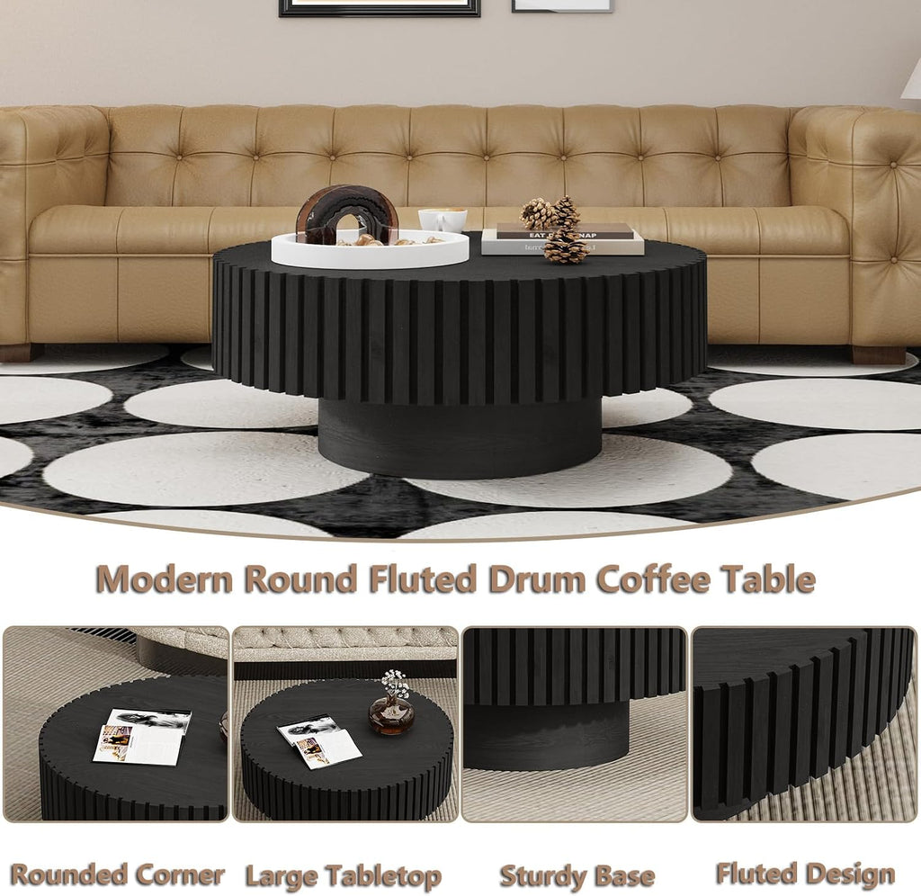 Round Handcraft Fluted Coffee Table with Sturdy Stable Pedestal Modern Luxury Drum Center Table Circle Accent Base Center Tables for Living Room Apartment (F)