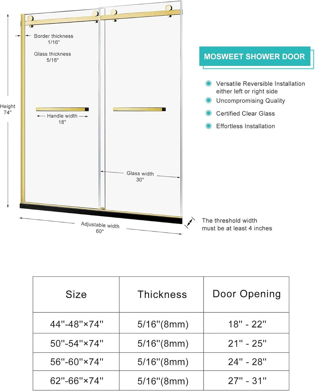 Milano Double Sliding Shower Door, 60 in.W x 74 in.H Framed Shower Door 5/16'(8mm) Clear Tempered Glass, 18 inch Pull Handle, Stainless Steel Hardware, Brushed Gold Finished