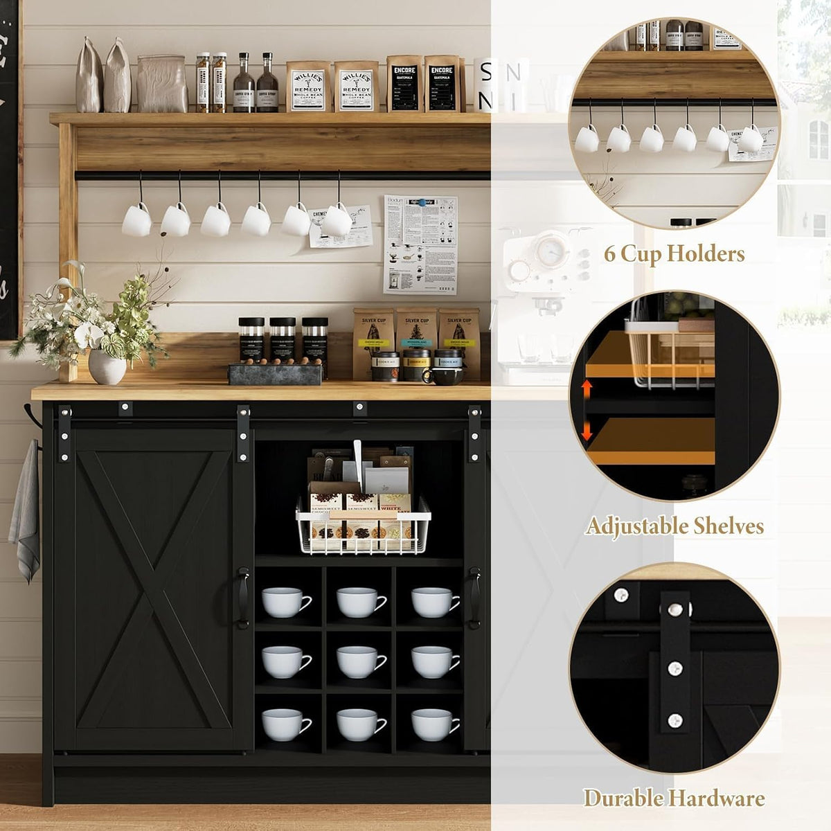 4ever2buy Coffee Bar Cabinet with Storage, 47'' Farmhouse Coffee Bar with Hutch and Sliding Barn Door, Wine Bar with 9 Wine Racks and 6 Hooks for Dining Room, Living Room, Black