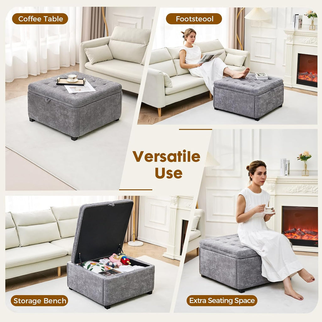 4-in-1 Storage Ottoman 30 Inch Large Hidden Storage Ottoman Foot Stool Square Ottoman Coffee Table with Soft-Close Hinge for Living Room (Gray)