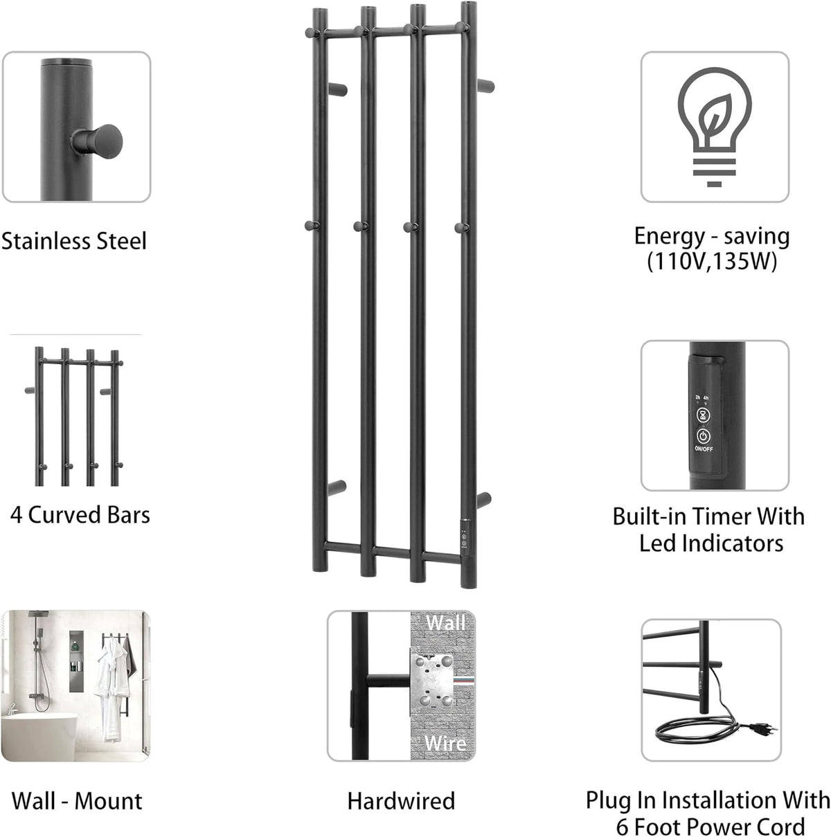 KEG Towel Warmer Wall Mounted 43-Inch Four Towel Bar with Built-in Timer, Electric Stainless Steel Heated Towel Racks for Bathroom, Matte Black