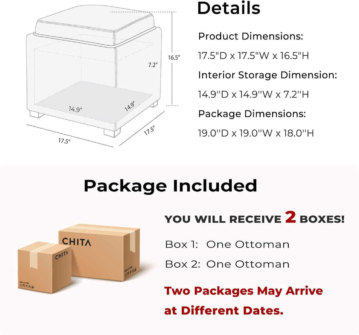 CHITA Storage Ottoman Cube with Tray Lid, Set of 2, Small Footstool with Storage, Square End Table for Living Room and Bedroom, Fabric in Linen
