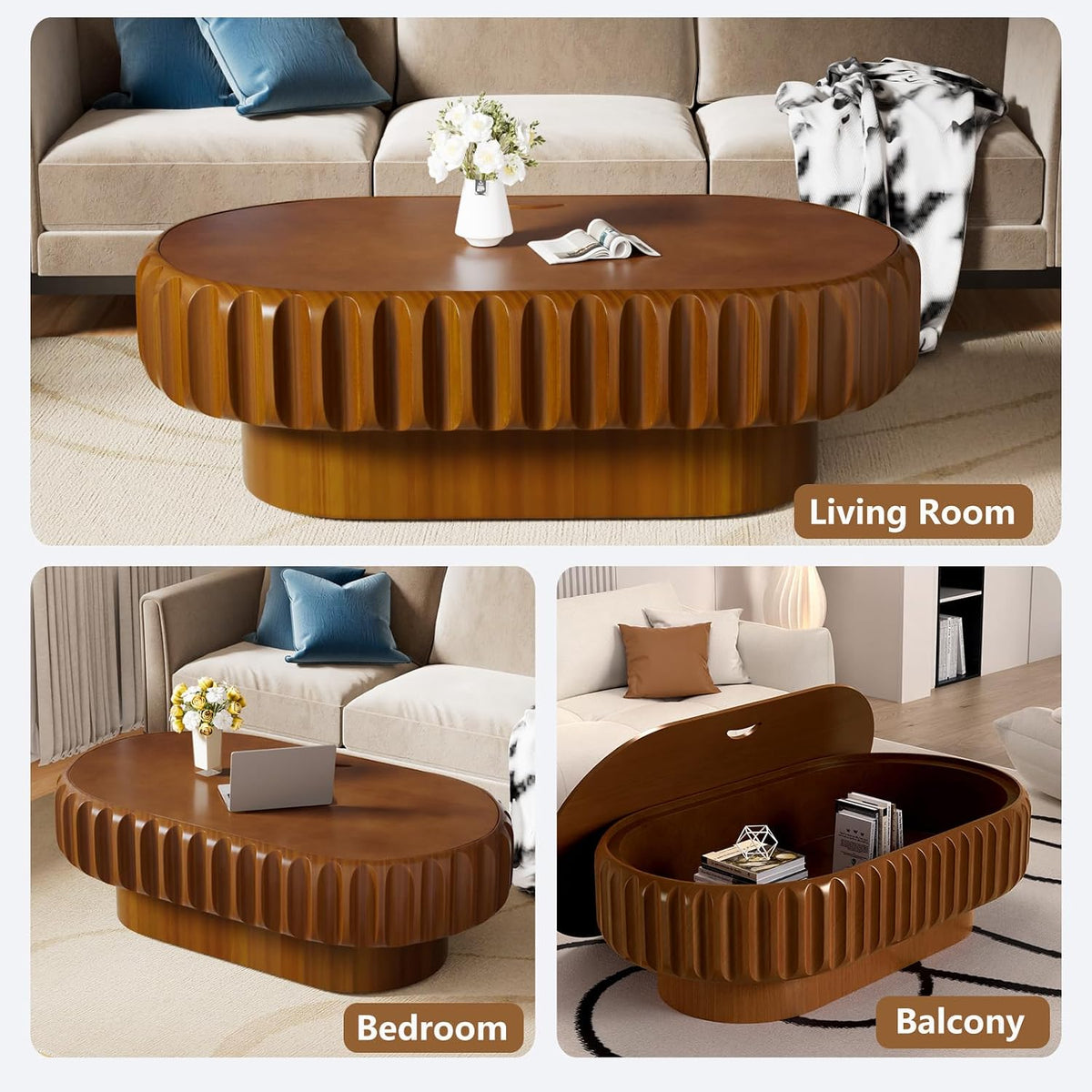 43.3'' Oval Coffee Table with Storage Modern Fluted Drum Coffee Tables with Solid Wood Veneered, Accent Center Table Tea Table for Living Room, Apartment, Home, Office (Brown Oval43.3)