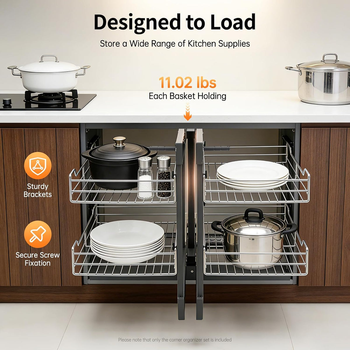 Blind Corner Pull Out Organizer, 2-Tier Pull Basket Corners Cabinet with 4 Storage Baskets, Pull-Out Basket Blind Corner Cabinet Storage Shelf for Home Kitchen