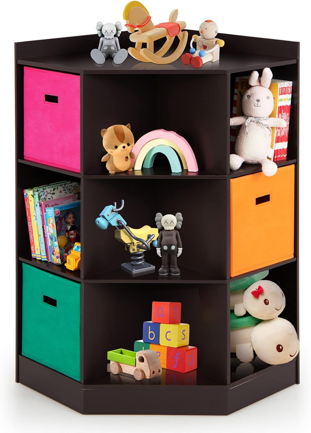 HONEY JOY Kids Toy Storage Organizer, 9-Cubby Toy Bin Organization Storage Cabinet w/Display Shelf & 3 Removable Basket, Wooden Corner Storage Unit for Playroom, Kids Bedroom, Nursery Daycare (Coffee)