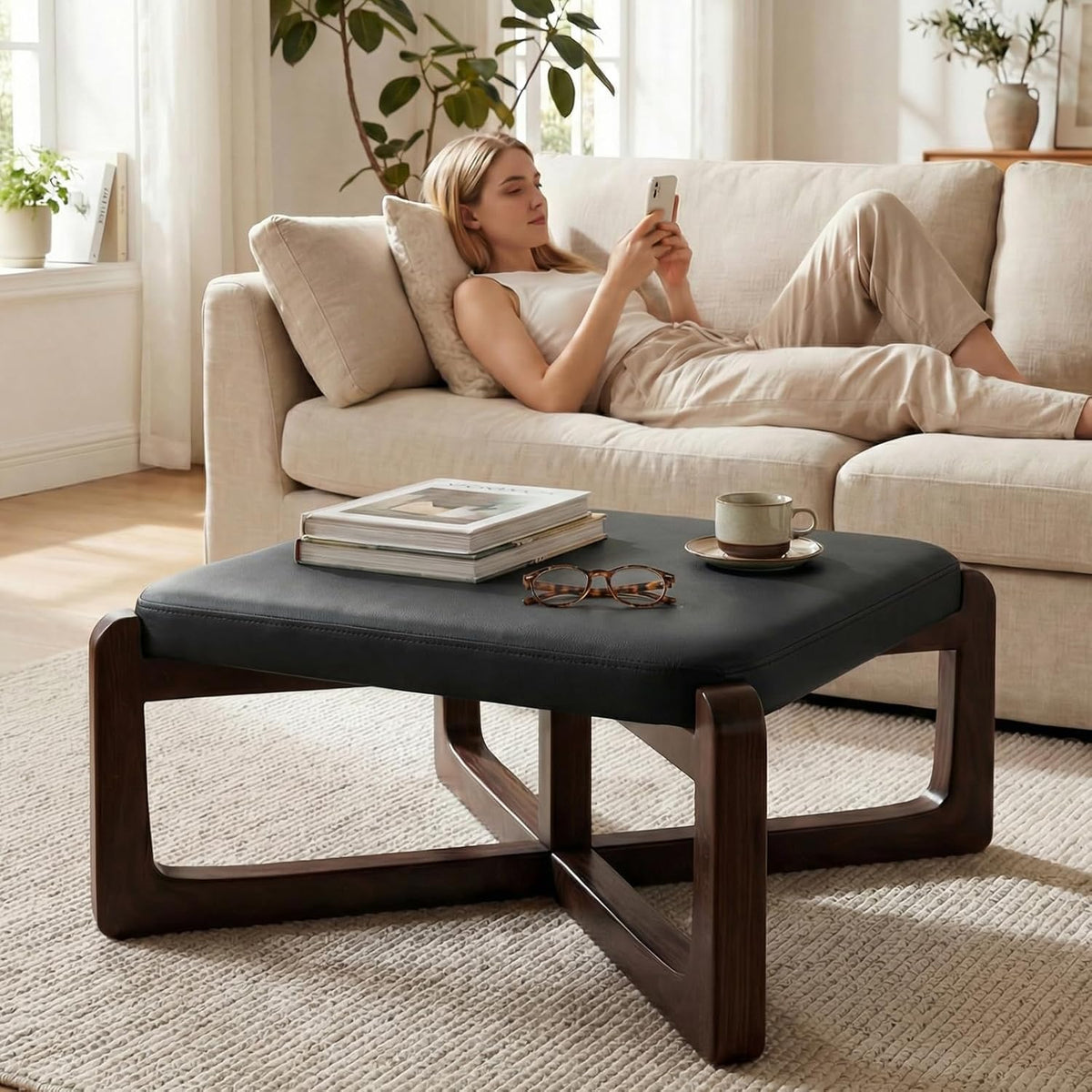 Faux Leather Square Coffee Table Ottoman,24' Coffee Table for Living Room Ottoman,Ash Wood Living Room Table,Small Footstool (Black)