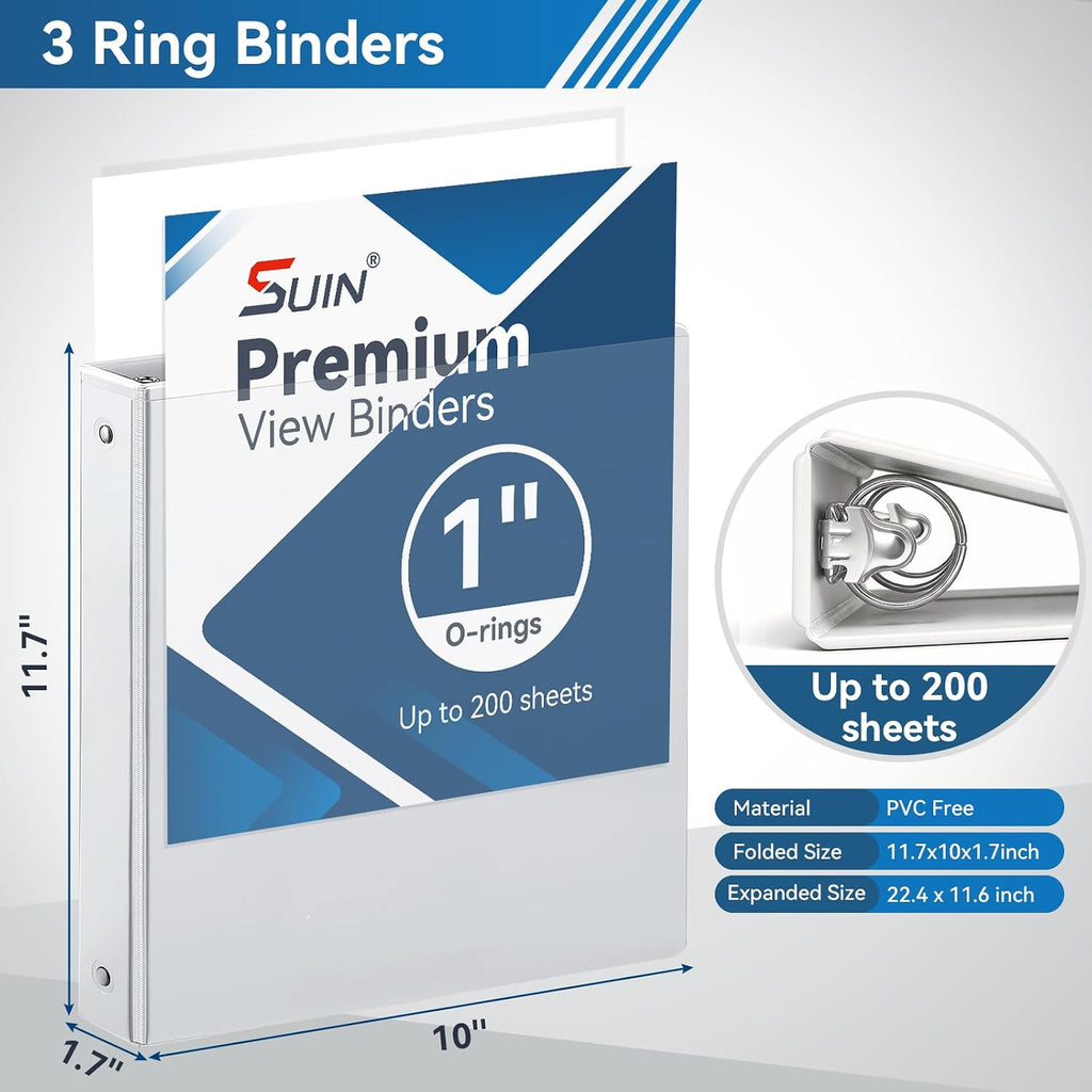 SUIN 3 Ring Binder Bulk 36 Packs -Premium 1'' Binders with Roung Ring Binder, Large 200 Sheet Capacity, Fit 8.5' x 11' US Letter Size Paper, White (1'' White - 36 Packs)