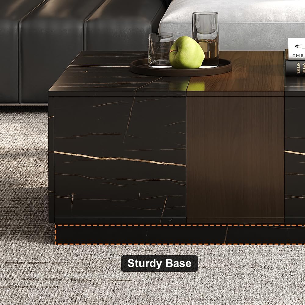 homary Marble & Walnut Coffee Table – Modern Block Design Living Room Center Table with 2 Storage Drawers, White Marble Veneer & Walnut Wood Veneer, Sturdy Base & Smooth Quiet Rails (Black)