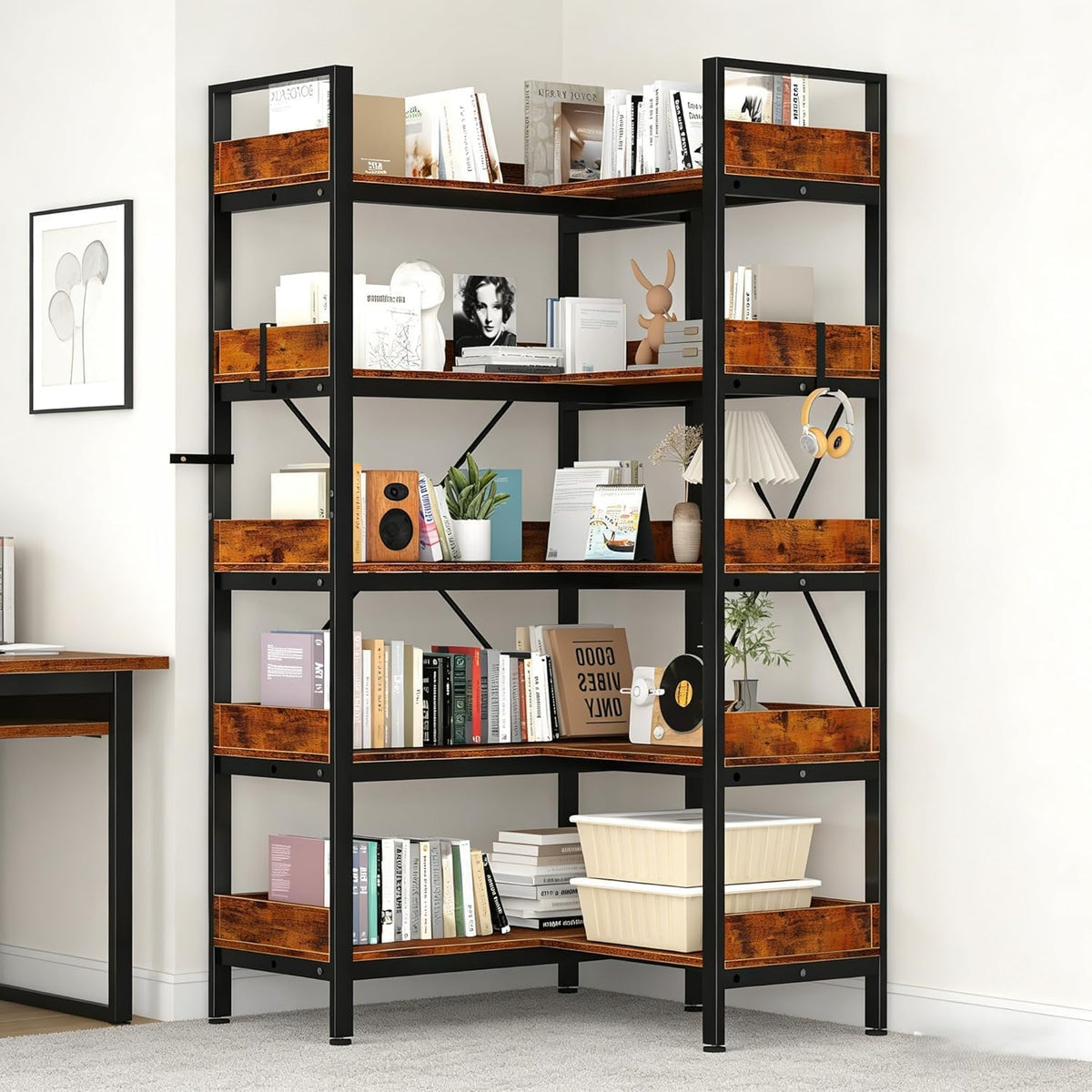 5 Tier Bookshelf, L-Shaped Reversible Corner Bookshelf with 4 Hooks, 65' Industrial Wooden Bookcase with Open Shelves and Metal Frame, Plant Stand and Storage Rack with Adjustable Feet for Living Room